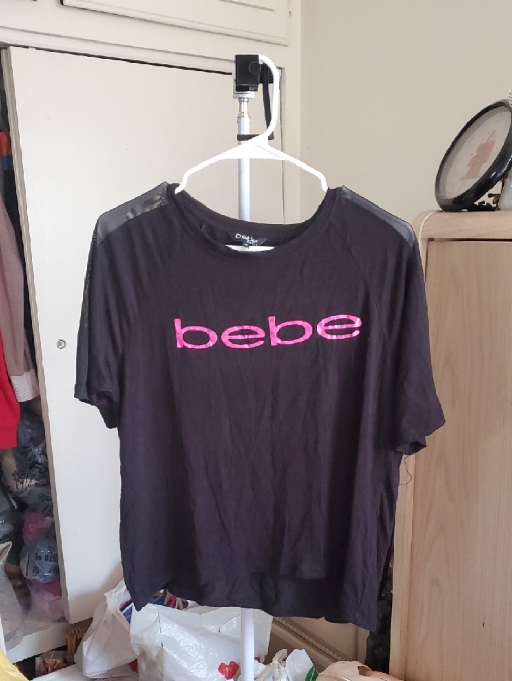 Bebe Sport Black Pink Foil Logo Mesh Sleeves Size M